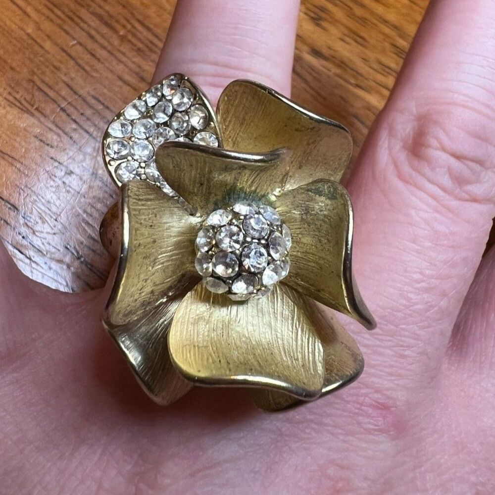 Flower Statement Ring, Gold Tone With Diamond Sim… - image 1